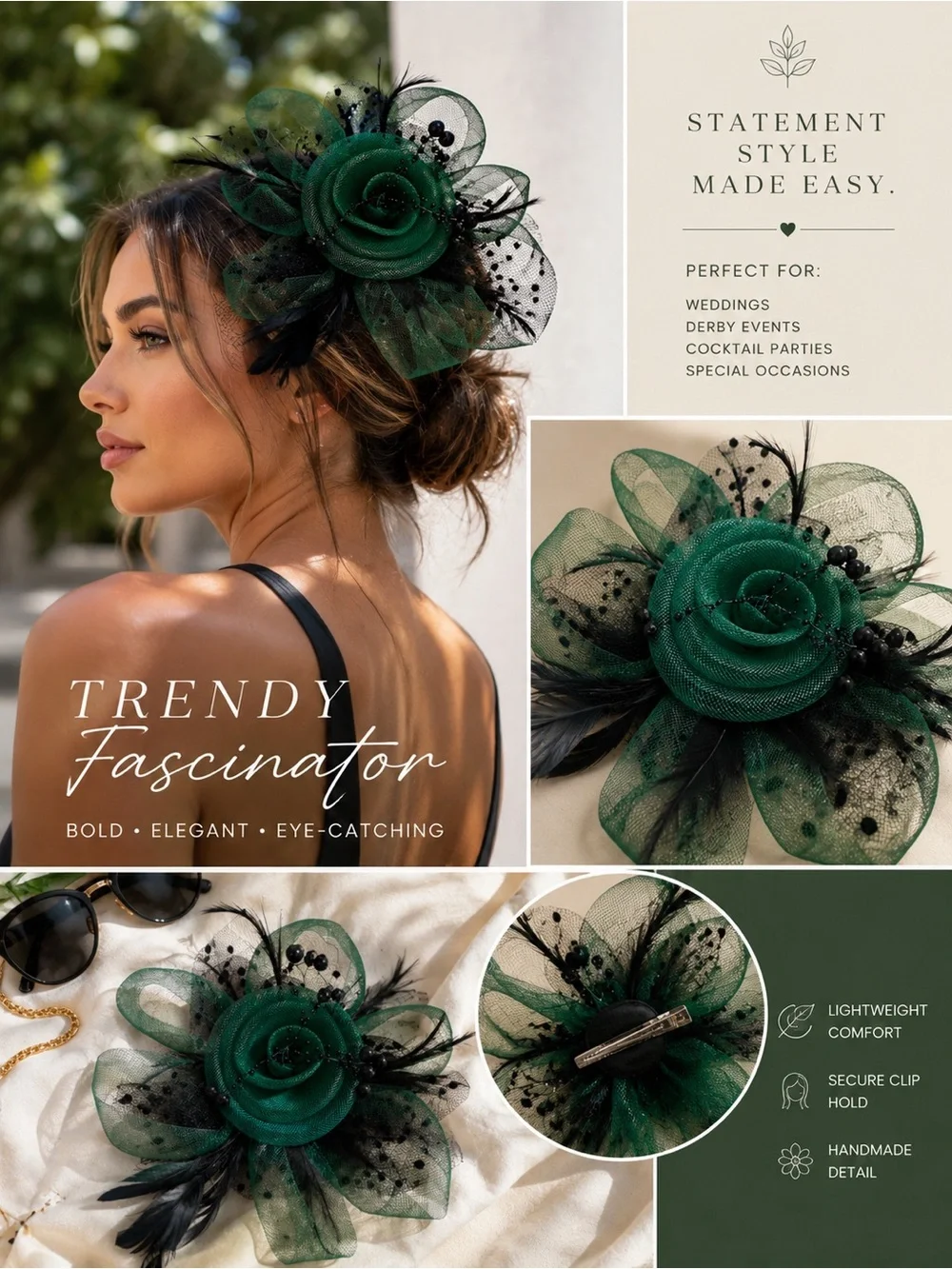Green/Black Feather Mesh Fascinator Hat Clip/Band Wedding Tea Cocktail Party
